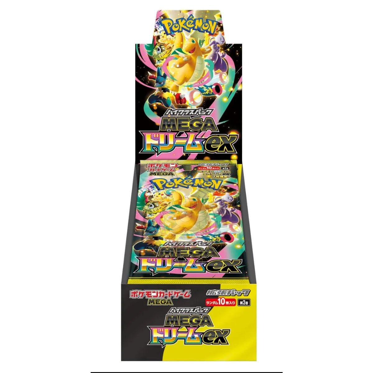 Vista frontal de la caja sellada de Pokémon TCG Mega Dream ex Booster Box japonesa (M2a). La portada muestra ilustraciones de Mega Dragonite y el logo High Class Pack.
